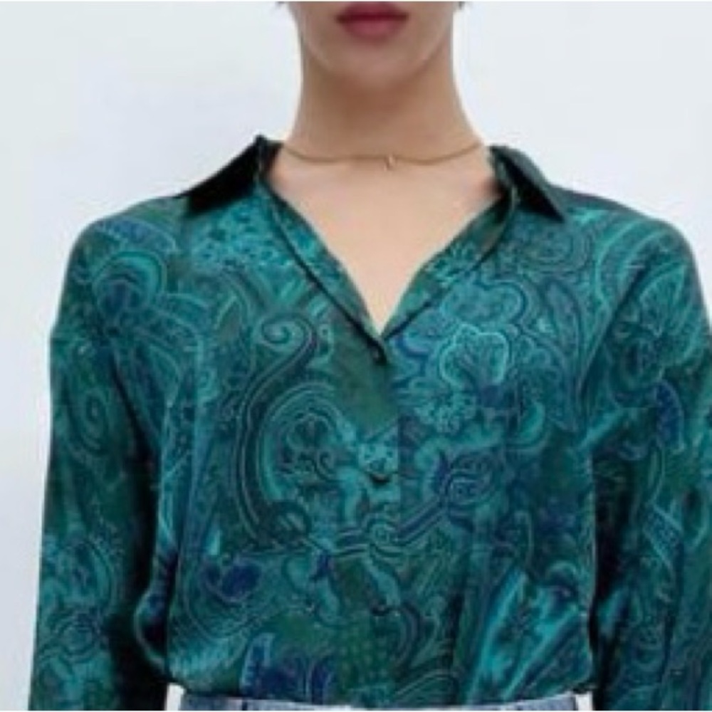 Zara Turquoise Teal Paisley 100% Polyester Georgette silky fabric Blouse Shirt